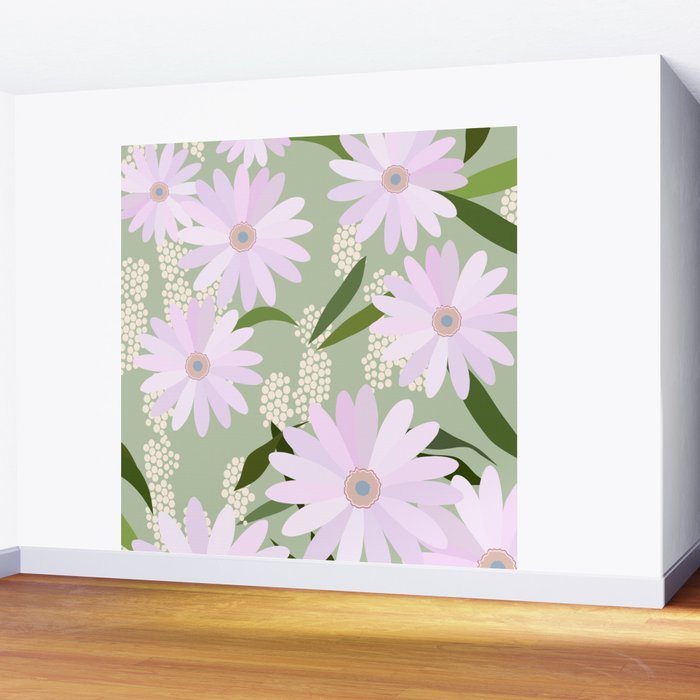 Playful Daisies | 01 - Lilac And Pastel Green Wall Mural Gallery Image 2