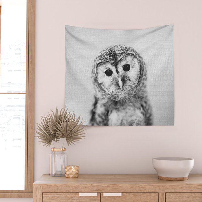 Baby Owl - Black & White Wall Tapestry Gallery Image 2