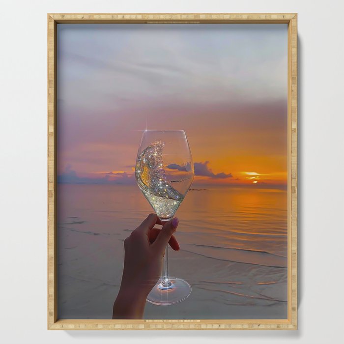 CHEERS TO THE SUNSET | glass | collage | sun | summer | sky | nature | happy | weekend | positive Serving Tray Gallery Image 1
