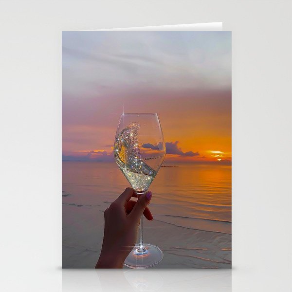CHEERS TO THE SUNSET | glass | collage | sun | summer | sky | nature | happy | weekend | positive Stationery Card Gallery Image 1