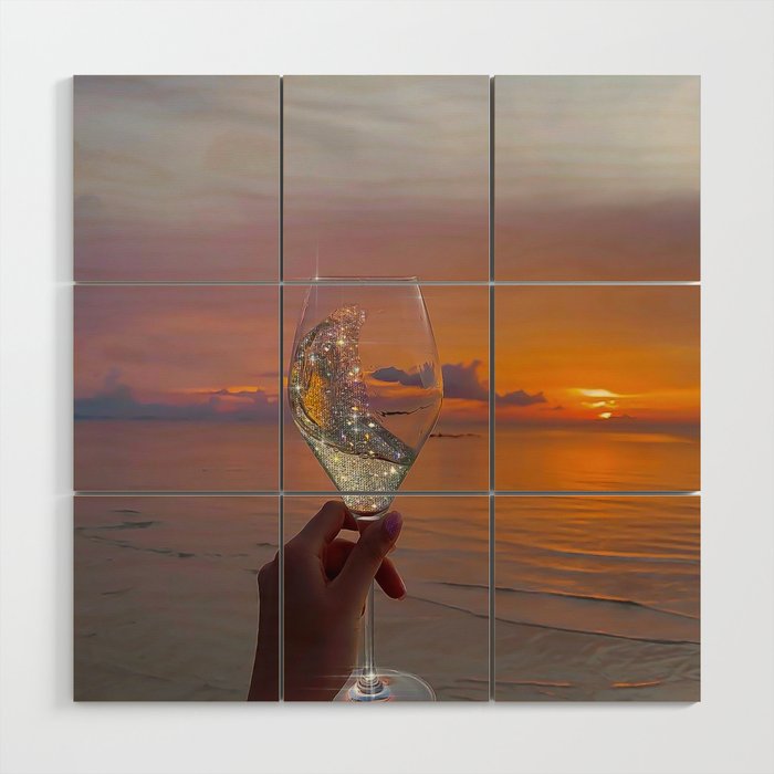 CHEERS TO THE SUNSET | glass | collage | sun | summer | sky | nature | happy | weekend | positive Wood Wall Art Gallery Image 1