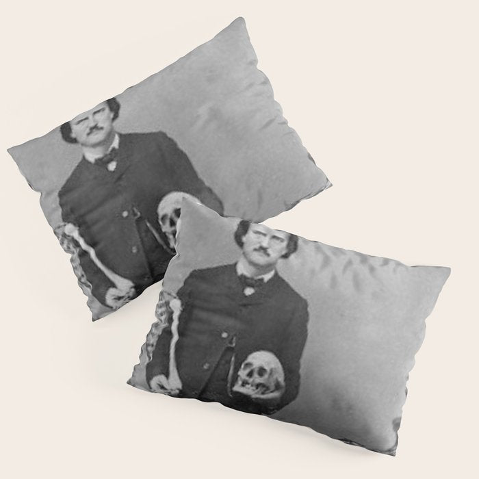 Edgar Allan Poe with Skull and Skeleton macabre black and white photograph Pillow Sham Gallery Image 3