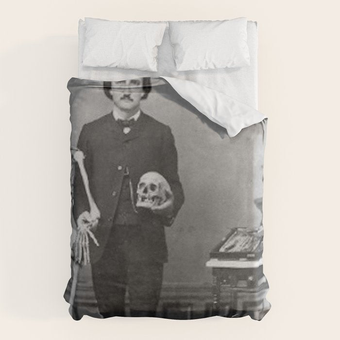 Edgar Allan Poe with Skull and Skeleton macabre black and white photograph Duvet Cover Gallery Image 1