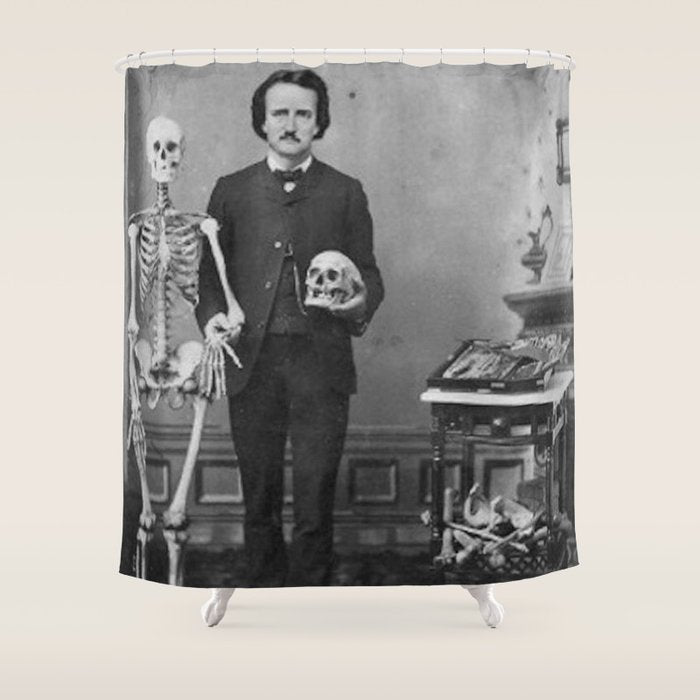 Edgar Allan Poe with Skull and Skeleton macabre black and white photograph Shower Curtain Gallery Image 1