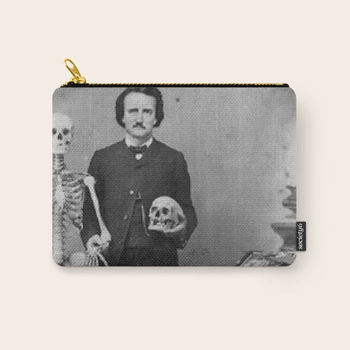 Edgar Allan Poe with Skull and Skeleton macabre black and white photograph Carry All Pouch Gallery Image 1