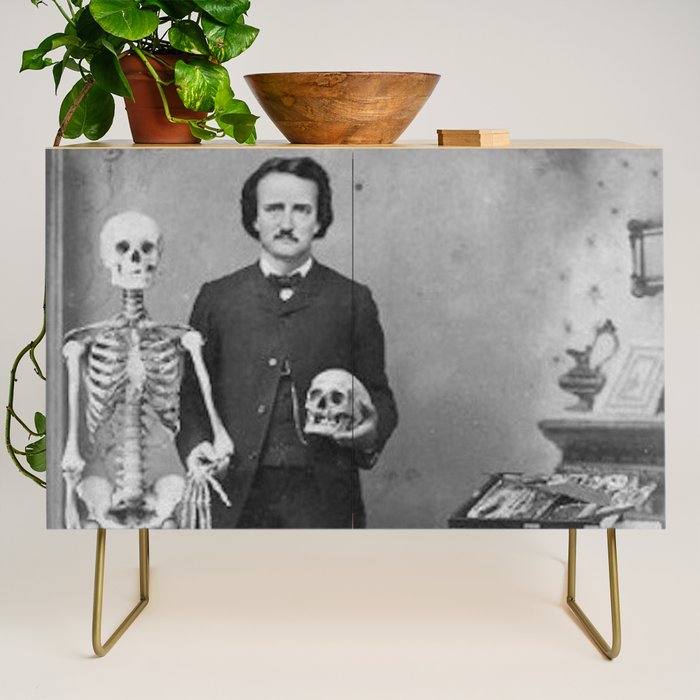 Edgar Allan Poe with Skull and Skeleton macabre black and white photograph Credenza Gallery Image 1