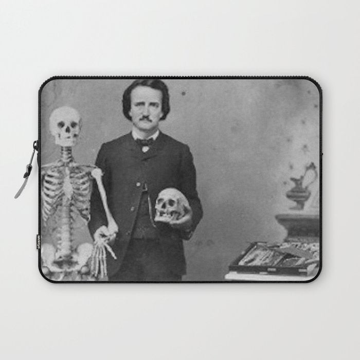 Edgar Allan Poe with Skull and Skeleton macabre black and white photograph Laptop Sleeve Gallery Image 1