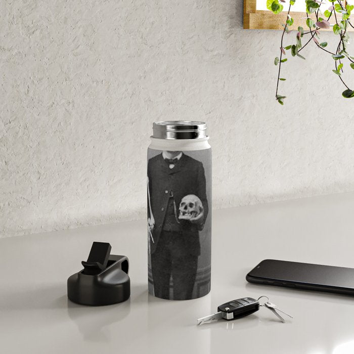 Edgar Allan Poe with Skull and Skeleton macabre black and white photograph Water Bottle Gallery Image 4