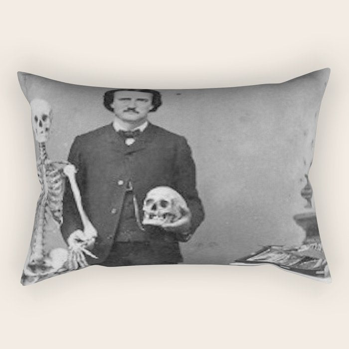 Edgar Allan Poe with Skull and Skeleton macabre black and white photograph Rectangular Pillow Gallery Image 1