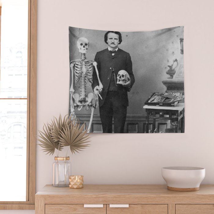 Edgar Allan Poe with Skull and Skeleton macabre black and white photograph Wall Tapestry Gallery Image 2