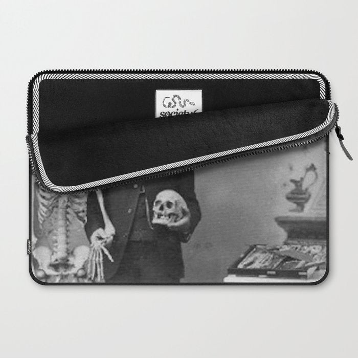 Edgar Allan Poe with Skull and Skeleton macabre black and white photograph Laptop Sleeve Gallery Image 2