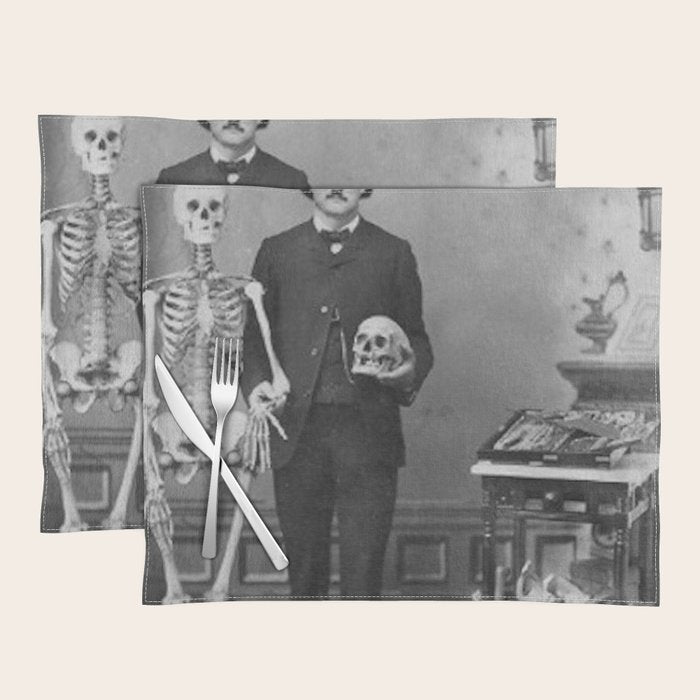 Edgar Allan Poe with Skull and Skeleton macabre black and white photograph Placemat Gallery Image 1