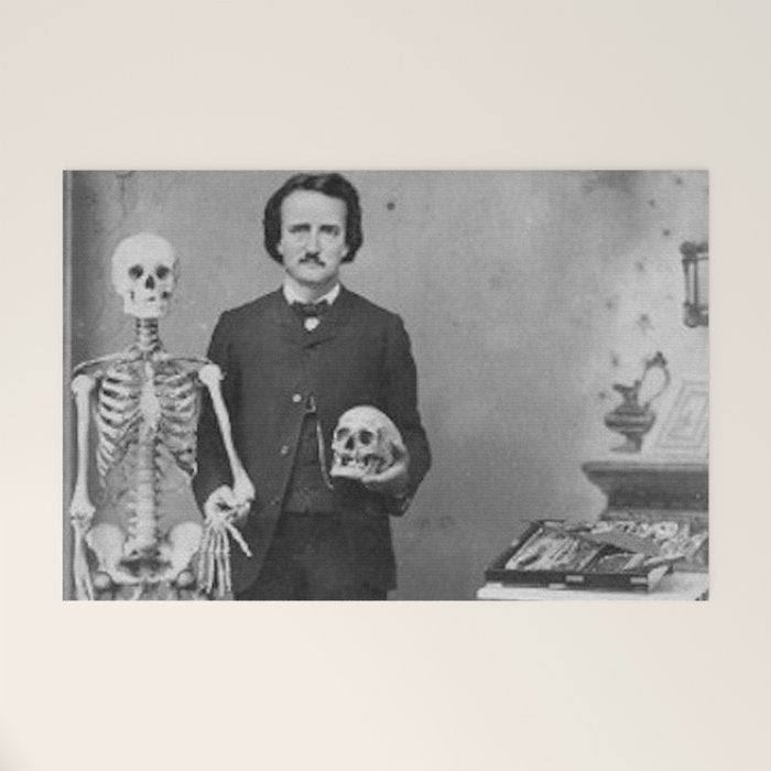 Edgar Allan Poe with Skull and Skeleton macabre black and white photograph Welcome Mat Gallery Image 1