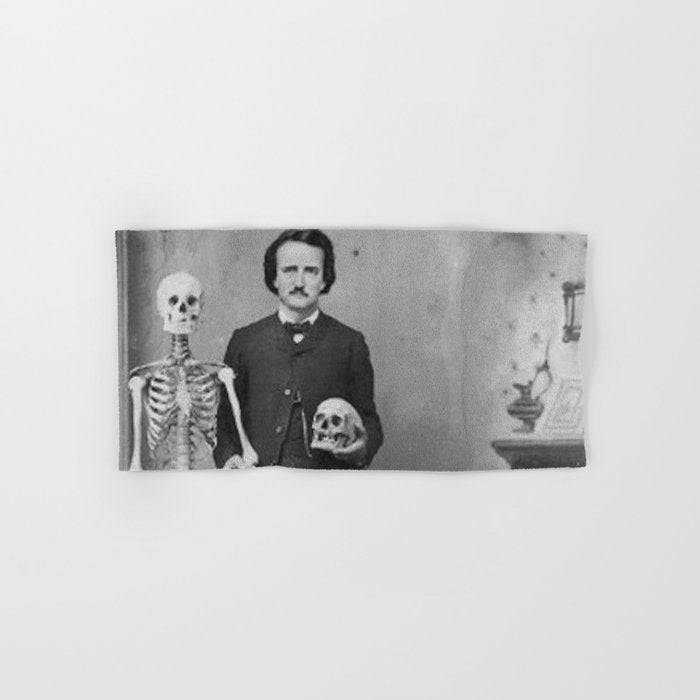 Edgar Allan Poe with Skull and Skeleton macabre black and white photograph Bath Towel Gallery Image 1