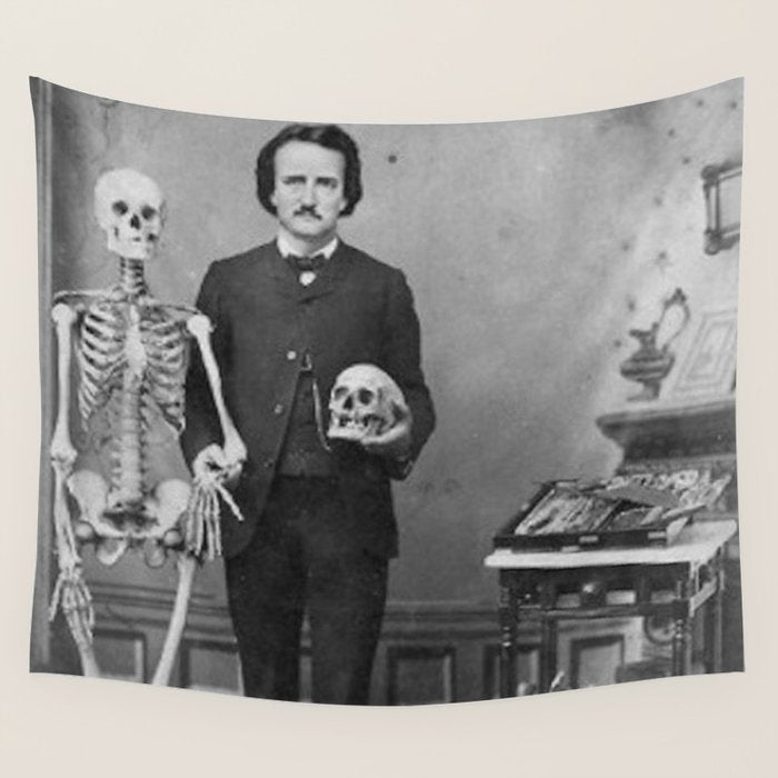 Edgar Allan Poe with Skull and Skeleton macabre black and white photograph Wall Tapestry Gallery Image 4