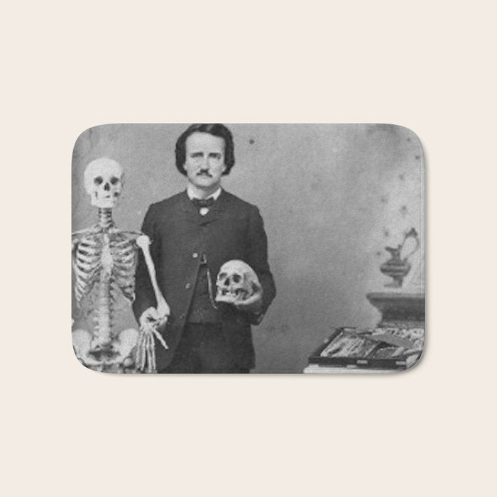 Edgar Allan Poe with Skull and Skeleton macabre black and white photograph Bath Mat Gallery Image 1