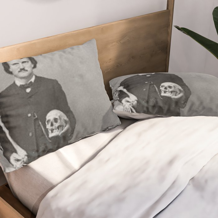 Edgar Allan Poe with Skull and Skeleton macabre black and white photograph Pillow Sham Gallery Image 2
