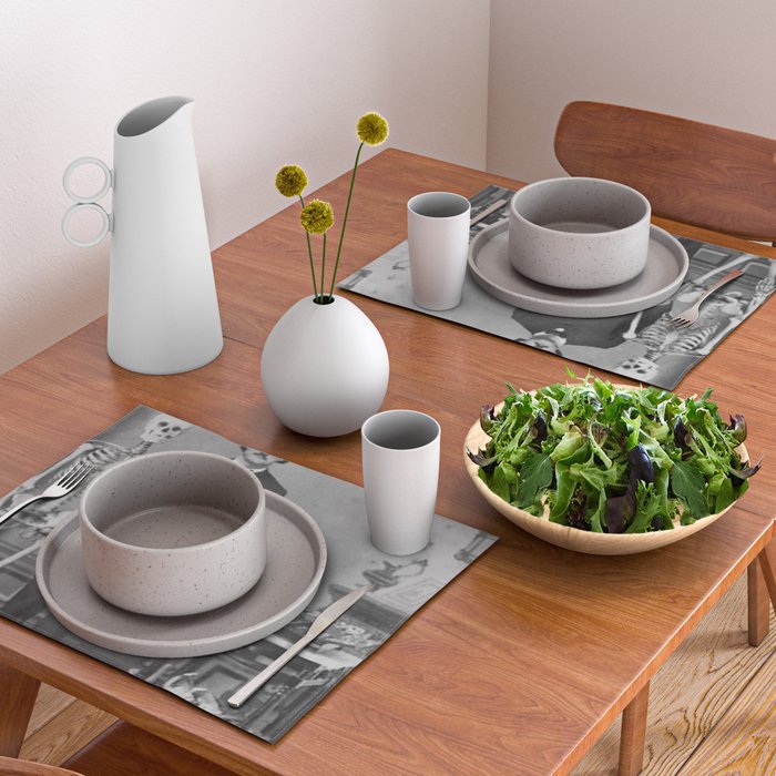 Edgar Allan Poe with Skull and Skeleton macabre black and white photograph Placemat Gallery Image 2