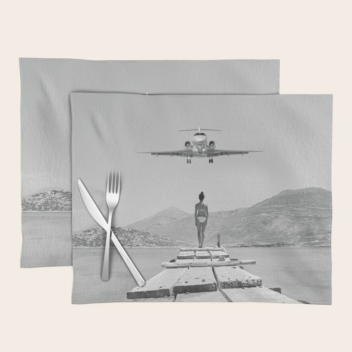 Steady As She Goes; aircraft coming in for an island landing black and white photography- photographs Placemat Gallery Image 1