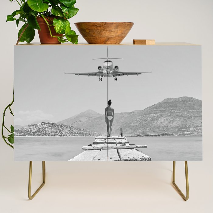 Steady As She Goes; aircraft coming in for an island landing black and white photography- photographs Credenza Gallery Image 1