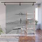 Steady As She Goes; aircraft coming in for an island landing black and white photography- photographs Wall Mural Gallery Image 1