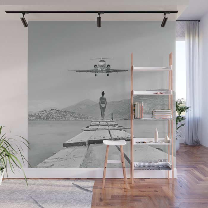 Steady As She Goes; aircraft coming in for an island landing black and white photography- photographs Wall Mural Gallery Image 1