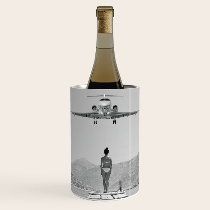Steady As She Goes; aircraft coming in for an island landing black and white photography- photographs Wine Chiller Gallery Image 1