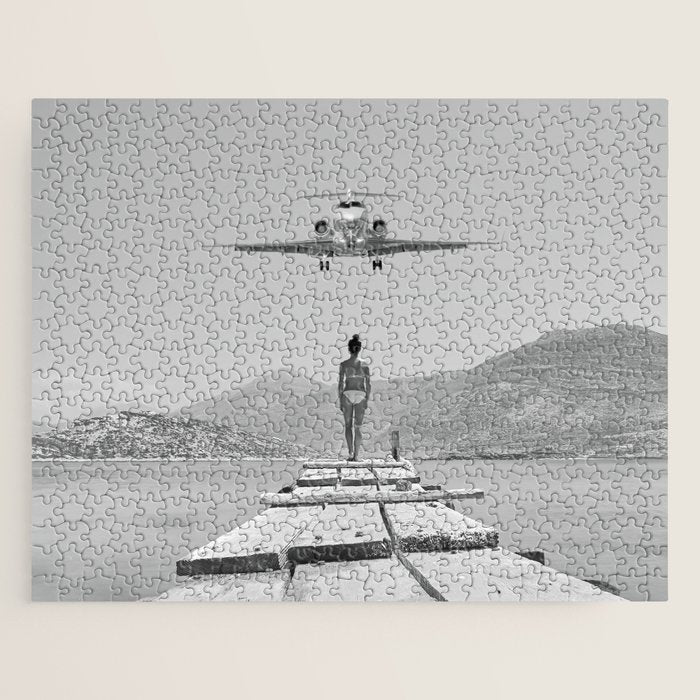 Steady As She Goes; aircraft coming in for an island landing black and white photography- photographs Jigsaw Puzzle Gallery Image 1