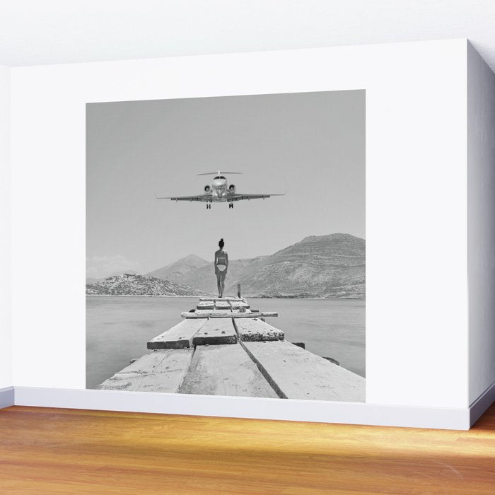 Steady As She Goes; aircraft coming in for an island landing black and white photography- photographs Wall Mural Gallery Image 2