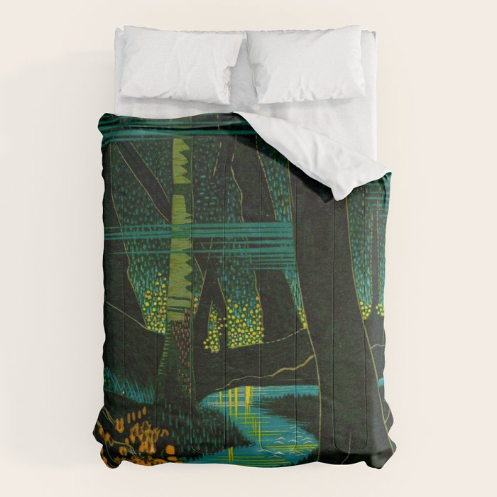 Magical Dark Fantasy Forest Woodblock Comforter Gallery Image 6