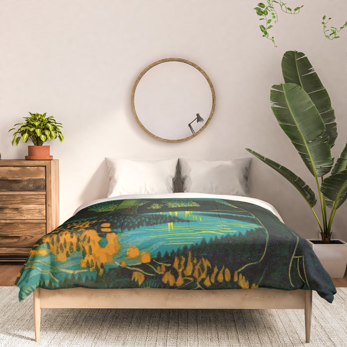 Magical Dark Fantasy Forest Woodblock Comforter Gallery Image 3