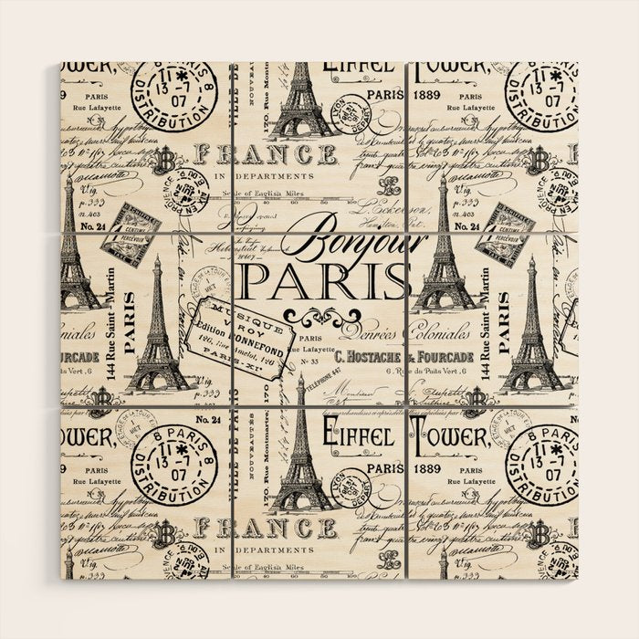 Vintage Paris Black And White Nostalgic Pattern Wood Wall Art Gallery Image 1