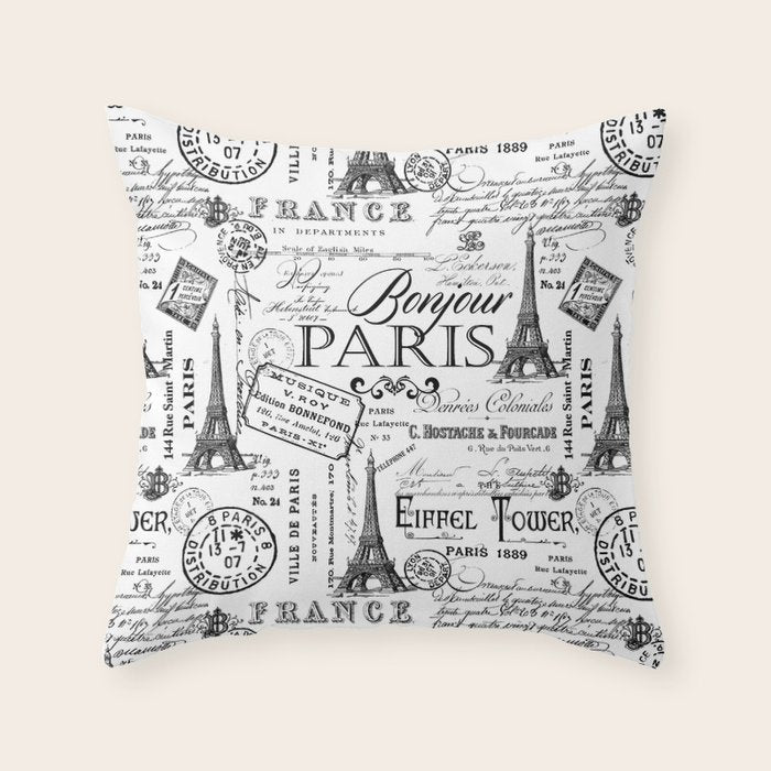 Vintage Paris Black And White Nostalgic Pattern Throw Pillow Gallery Image 6