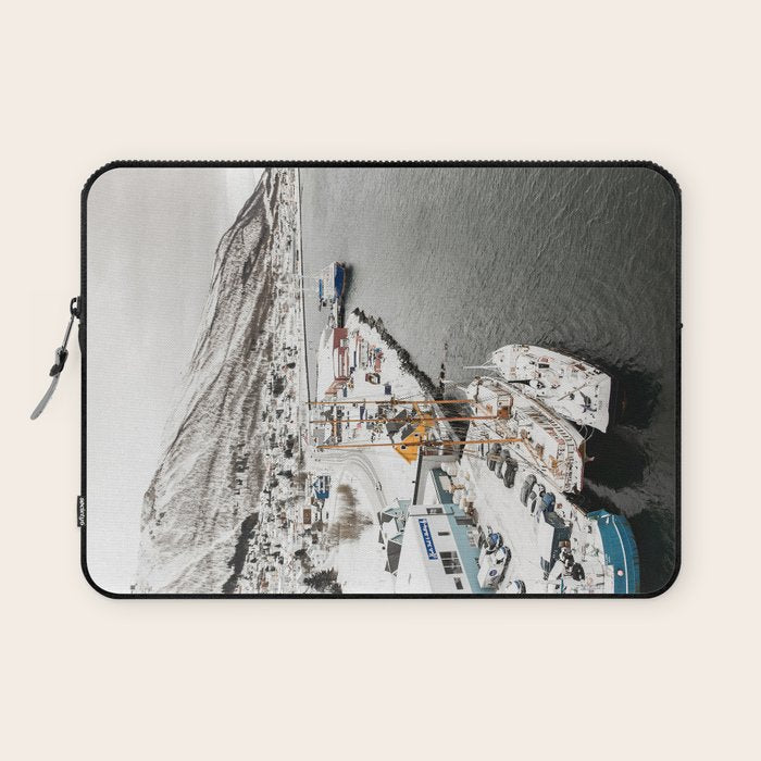 Harbor In Norway Snow Photo | Winter In Norway Boats And Mountains Art Print | Travel Photography Laptop Sleeve Gallery Image 1