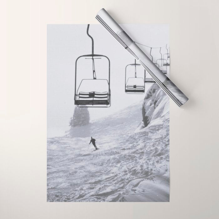 All the Lifts at Aspen Are Chairlifts. This One Is Going Up 11,800 Feet on Aspen Highlands Mountain, Highest Ski Area at Aspen, Colorado black and white photograph Wrapping Paper Gallery Image 1