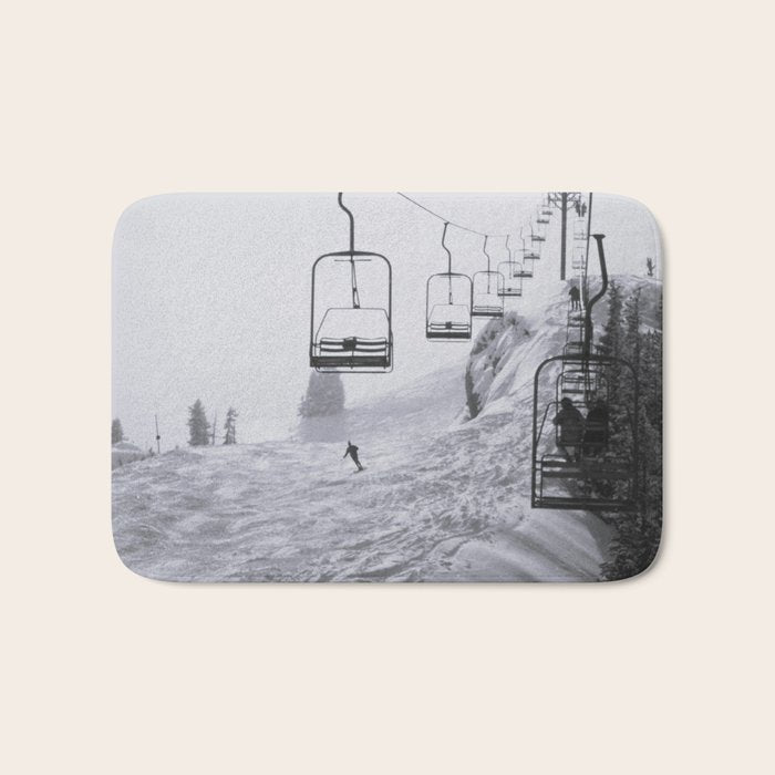 All the Lifts at Aspen Are Chairlifts. This One Is Going Up 11,800 Feet on Aspen Highlands Mountain, Highest Ski Area at Aspen, Colorado black and white photograph Bath Mat Gallery Image 1