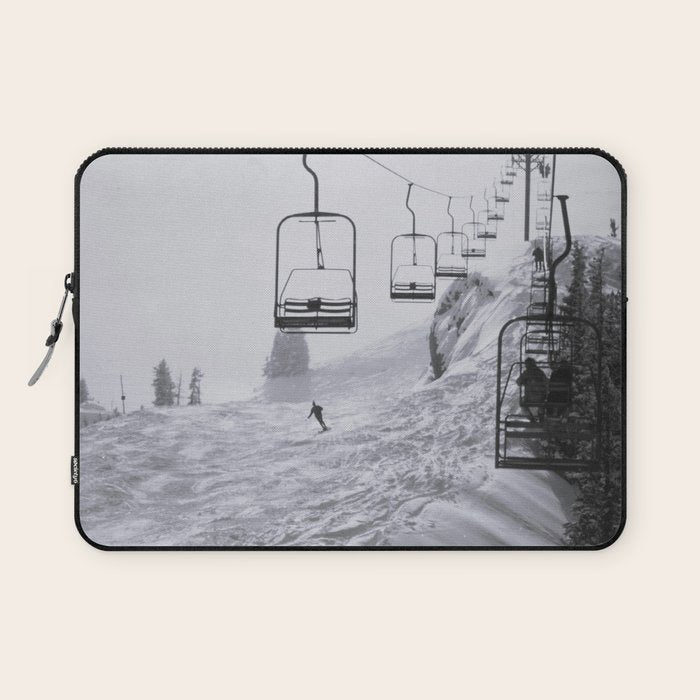 All the Lifts at Aspen Are Chairlifts. This One Is Going Up 11,800 Feet on Aspen Highlands Mountain, Highest Ski Area at Aspen, Colorado black and white photograph Laptop Sleeve Gallery Image 1