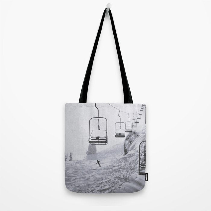 All the Lifts at Aspen Are Chairlifts. This One Is Going Up 11,800 Feet on Aspen Highlands Mountain, Highest Ski Area at Aspen, Colorado black and white photograph Tote Bag Gallery Image 2