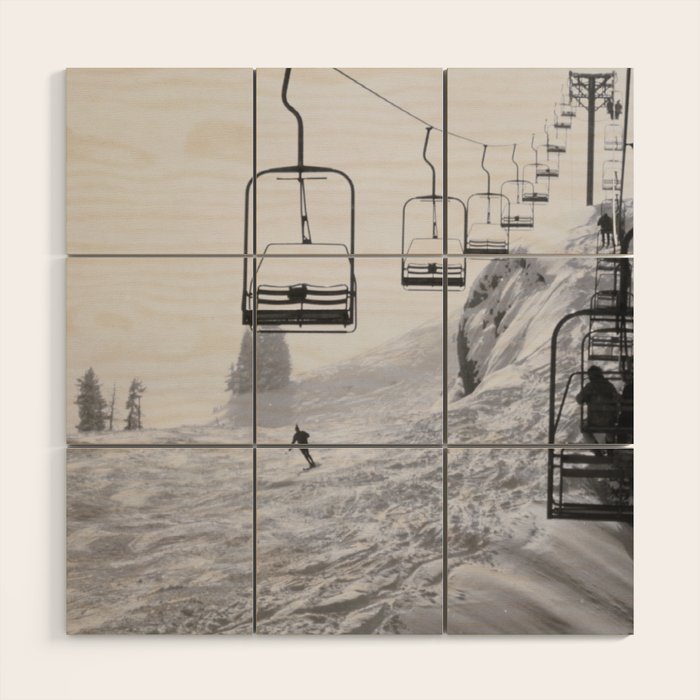 All the Lifts at Aspen Are Chairlifts. This One Is Going Up 11,800 Feet on Aspen Highlands Mountain, Highest Ski Area at Aspen, Colorado black and white photograph Wood Wall Art Gallery Image 1