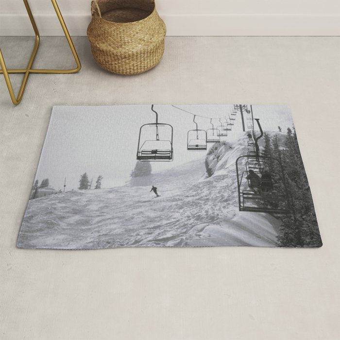 All the Lifts at Aspen Are Chairlifts. This One Is Going Up 11,800 Feet on Aspen Highlands Mountain, Highest Ski Area at Aspen, Colorado black and white photograph Rug Gallery Image 1