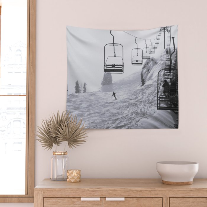 All the Lifts at Aspen Are Chairlifts. This One Is Going Up 11,800 Feet on Aspen Highlands Mountain, Highest Ski Area at Aspen, Colorado black and white photograph Wall Tapestry Gallery Image 2
