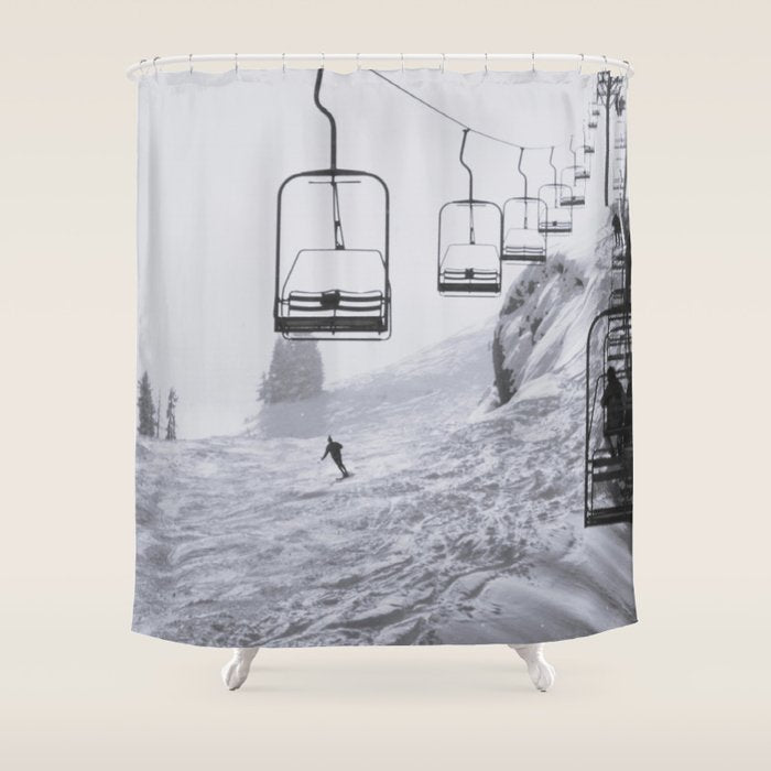 All the Lifts at Aspen Are Chairlifts. This One Is Going Up 11,800 Feet on Aspen Highlands Mountain, Highest Ski Area at Aspen, Colorado black and white photograph Shower Curtain Gallery Image 1
