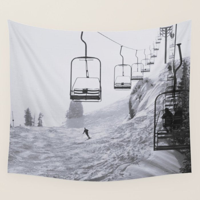 All the Lifts at Aspen Are Chairlifts. This One Is Going Up 11,800 Feet on Aspen Highlands Mountain, Highest Ski Area at Aspen, Colorado black and white photograph Wall Tapestry Gallery Image 1