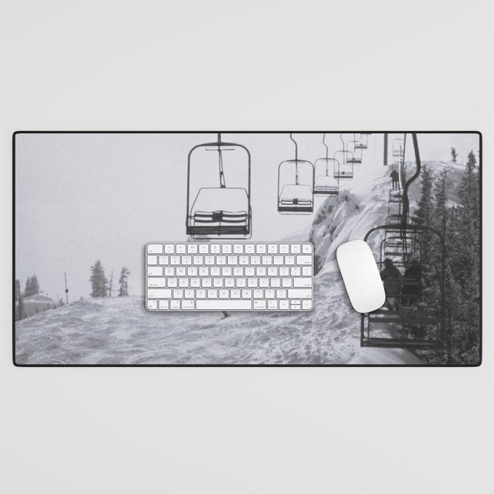 All the Lifts at Aspen Are Chairlifts. This One Is Going Up 11,800 Feet on Aspen Highlands Mountain, Highest Ski Area at Aspen, Colorado black and white photograph Desk Mat Gallery Image 1
