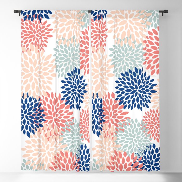 Floral Blooms, Coral, Navy, Aqua Window Curtain Gallery Image 1
