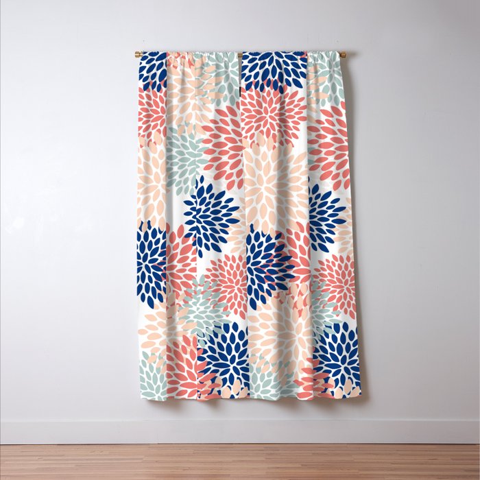 Floral Blooms, Coral, Navy, Aqua Window Curtain Gallery Image 3