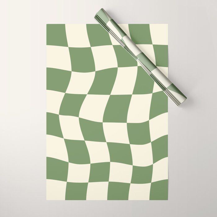 Wavy Checkerboard (Green Beige) Wrapping Paper Gallery Image 1