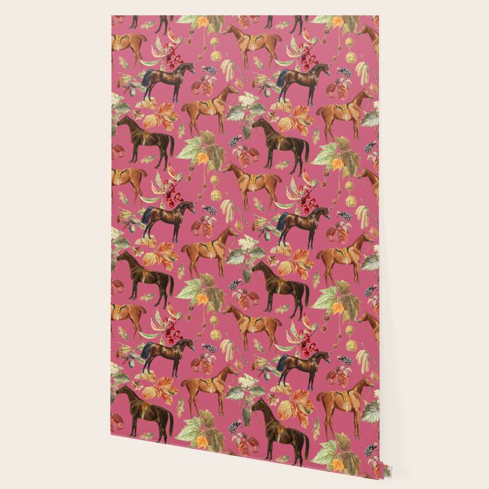 HORSES and Forest Plants on the Raspberry Pink Background  Wallpaper Gallery Image 2