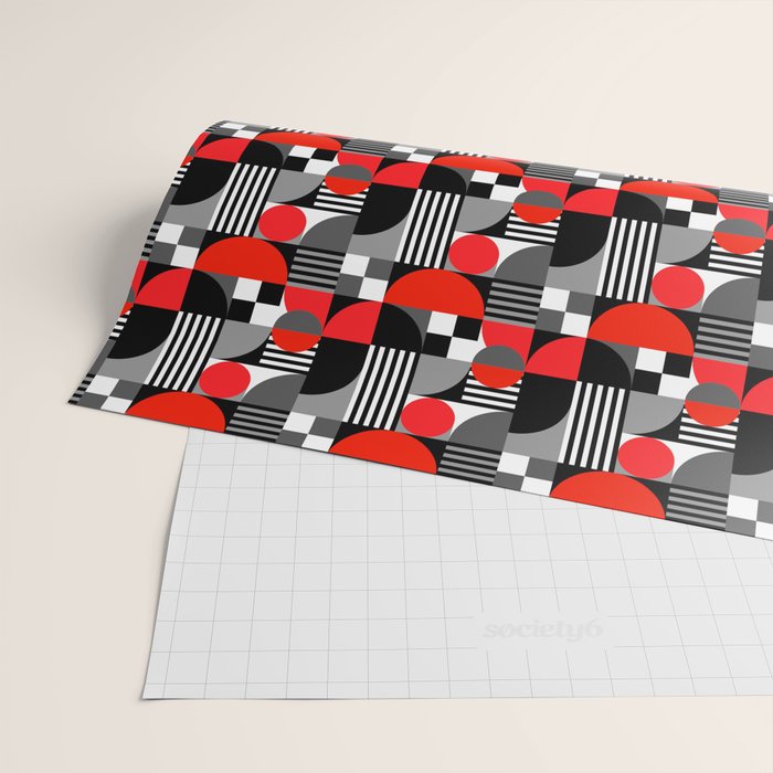 Mid Century Modern Geometric Shapes and Stripes No. 2 Red, Gray, Black Wrapping Paper Gallery Image 2