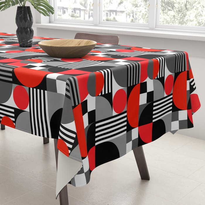 Mid Century Modern Geometric Shapes and Stripes No. 2 Red, Gray, Black Tablecloth Gallery Image 3